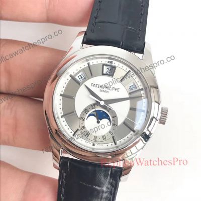 New Patek Philippe Replica Annual Calendar 5205g Fake Watch - White Gold Black Leather Band